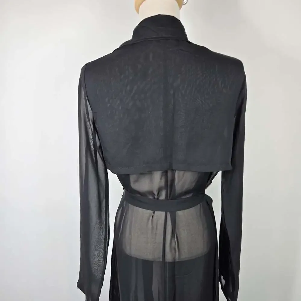 Lux LA Sheer Black Mesh Maxi Duster Robe Tie Waist Y2K Goth M